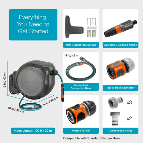 Components of Auto Retracting Garden Hose Reel With 100 Feet Of Flexible Hose, 180 Degree Swivel Wall Mount, Heavy Duty Build