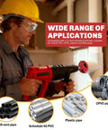 Worker using drill with Nine Piece PVC Pipe Reamer Kit for SCH40, showing application on PVC, CPVC, ABS vent pipes, and plastic pipes.