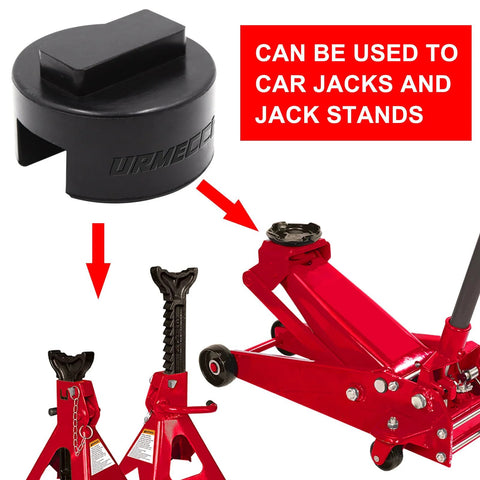 Black round rubber jack pad with square top; universal BMW/Mini jack adapter (2-pack) shown with red floor jack.
