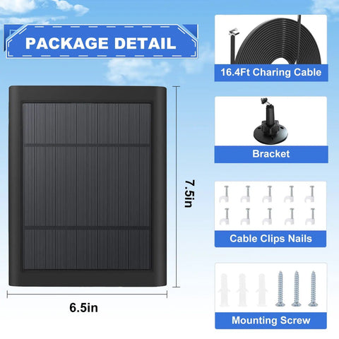 5W Solar Panel Charger For Video Doorbell Gen 2 2020, showing 6.5in x 7.5in panel, IP65 waterproof cable, and mounting accessories.