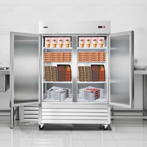 Heavy Duty Stainless Steel Upright Freezer 54 Inches Wide 44 Cubic Feet stocked with frozen meats and desserts.