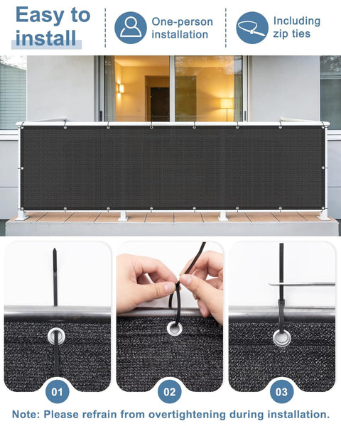 Black 3x10 Privacy Screen Fence Cover Made From HDPE Mesh With Grommets for Balcony Installation with Zip Ties