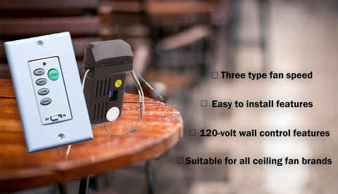 Remote Ceiling Fan And Light Wall Control Kit With Adjustable Fan Speed And Light Dimmer shown on a wooden table.