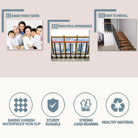 Top Shelf Adjustable Wooden Stair Railing Handrail Kit For Indoor Outdoor Use With Heavy Duty Wrought Iron Corner Brackets And Weatherproof Supports Slick Quick Setup, showcasing family safety and installation features.
