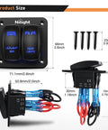 2 Gang Rocker Switch Panel SPST On Off Toggle With Laser Pattern, 5 Pin, Aluminum Plate, Pre Wired Jumper Wires, 12V 20A And 24V 10A, Plug And Play Harness, Great For LED Light Bar, RV, Boats, 4x4, Cars, Blue, size diagram and wiring view