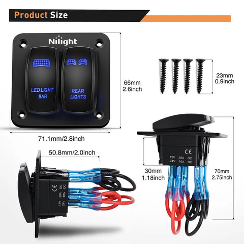 2 Gang Rocker Switch Panel SPST On Off Toggle With Laser Pattern, 5 Pin, Aluminum Plate, Pre Wired Jumper Wires, 12V 20A And 24V 10A, Plug And Play Harness, Great For LED Light Bar, RV, Boats, 4x4, Cars, Blue, size diagram and wiring view