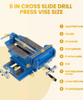 6 inch cross slide drill press vise showing upper crank, handle, screw rod, and precision scale for metal and wood projects.