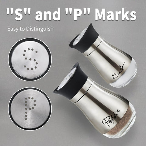 Go-To Salt And Pepper Shaker Set With Stainless Steel Caps And Glass Bottles showing 'S' and 'P' marks on top view, set of 2
