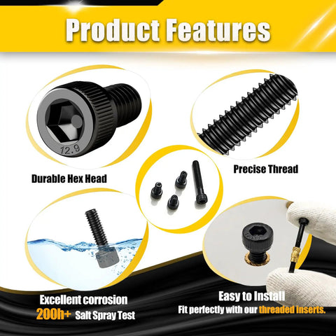 Product features of M3 X 30mm Hex Socket Head Cap Screws Set, 200 Pieces, 12.9 Grade Alloy Steel, Black Zinc Plated, Allen Drive.