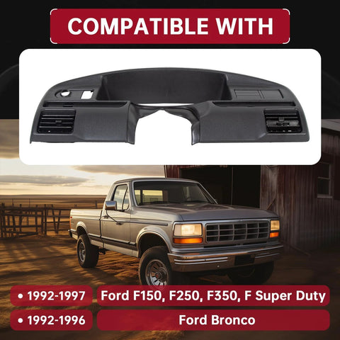 Black plastic dash bezel panel for Ford F-150/F-250/F-350 and Bronco (1992–1997); shown with a pickup in background