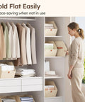 Fabric Closet Storage Cubes 8 Pack with Dual Handles Square Storage Bins for Clothes Towels Toys in a closet with shelves