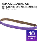 3M Cubitron II File Belt in purple, 36+ grit, half inch by 18 inch, pack of 10, ideal for weld removal and metal deburring.