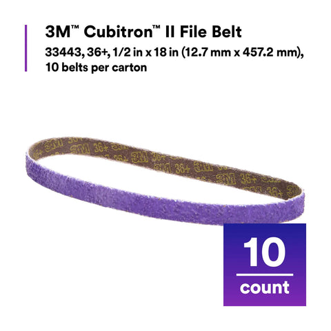 3M Cubitron II File Belt in purple, 36+ grit, half inch by 18 inch, pack of 10, ideal for weld removal and metal deburring.