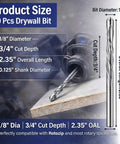 50 Piece Workhorse Grade M2 High Speed Steel Drywall Router Bits 1/8 Inch Shank Spiral Hog Ring Cutters with dimensions displayed.