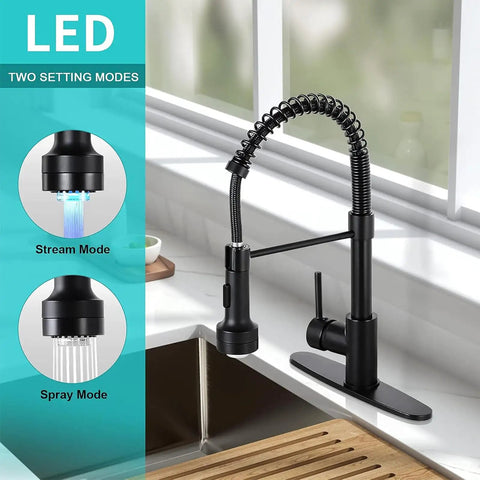 Pull Down Kitchen Faucet With LED Light And Sprayer Single Handle 1 Or 3 Hole Install Deck Plate Included Farmhouse Style Sink Tap