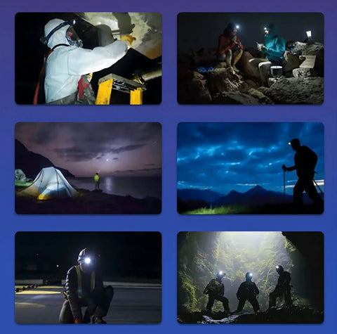 Various outdoor scenes with Two Rechargeable LED Headlamps With Motion Sensor 1200 Lumens And 10 Hour Runtime Waterproof Outdoor Headlamp Kit
