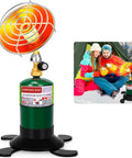 Portable Propane Heater For Camping And Outdoors next to couple in snow with tent, cordless radiant heater with gas tank holder.