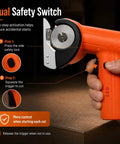 Cordless Electric Cardboard Cutter 3/8 Inch Blade showing dual safety switch and ergonomic handle for safe use.