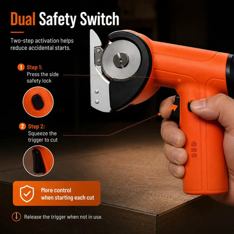 Cordless Electric Cardboard Cutter 3/8 Inch Blade showing dual safety switch and ergonomic handle for safe use.