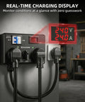 Manual Electric Vehicle Charging Switch For Dryer And Daily Charger, 24Amp 240V Power Splitter With Safety Breaker, hand rotated toggle, LCD display showing voltage and amperage.