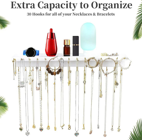 Wall Mounted Necklace Holder And Solid Wood Vanity Organizer With Thirty Hooks To Keep Long Chains Rings And Bracelets Completely Tangle Free And Slick For Your Daily Bling Setup