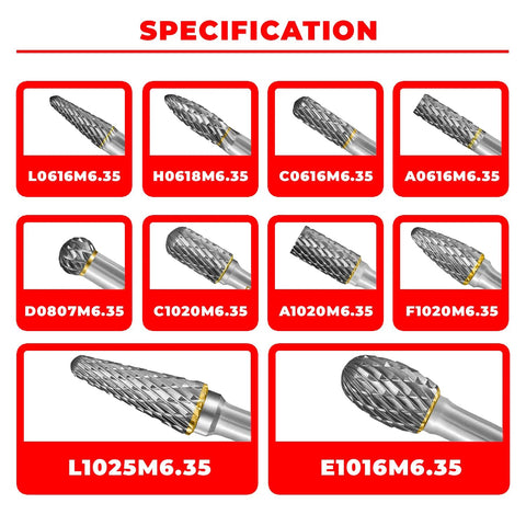 10-piece tungsten carbide burr set with 1/4 inch shank; double-cut rotary burrs for steel and wood working