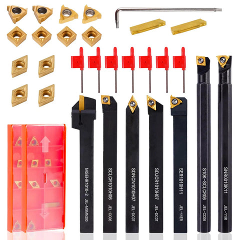 All In One Pro Grade Indexable Lathe Tool Set 21 Pieces 3/8 Inch Shank With 7 Metal Lathe Tool Holders And 14 Carbide Inserts For Turning Boring Grooving Cutting And Threading