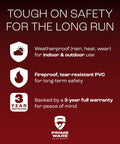 Keyed Twist Knob Hasp Latch Kit With Keys And Hardware infographic detailing weatherproof and fireproof features, warranty information.