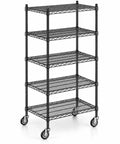 Badass 5 Tier Mobile Wire Shelving Unit With Smooth Rollers And Secure Brakes Black Epoxy Coated Tough Commercial Storage Rack For Walk In Coolers And Kitchens Hella Tough Simple Setup, showcasing five durable wire shelves on wheels.