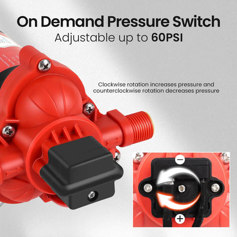 Close-up of red 12V Diaphragm Sprayer Pump with on-demand pressure switch, adjustable to 60 PSI, for agricultural spraying.