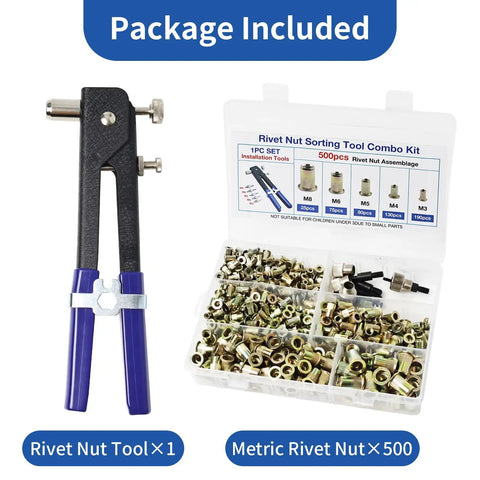 Complete Rivet Nut Tool Kit With Five Hundred Piece Metric Fastener Collection Featuring M3 M4 M5 M6 M8 Sizes for auto body repairs.