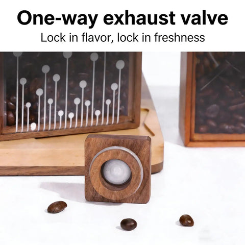 One way degassing valve from Handcrafted Solid Wood Coffee Bean Jar With Reliable One Way Degassing Valve And Heavy Duty Rubber Seal.