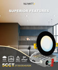 Modern living room with 6 Pack 4 Inch Ultra Thin Black LED Recessed Lights With 5 Color Temperatures 2700K 3000K 3500K 4000K 5000K, 630LM, 9W, IC Rated Dimmable Canless Wafer Pot Lights With Metal J Box Damp Rated.