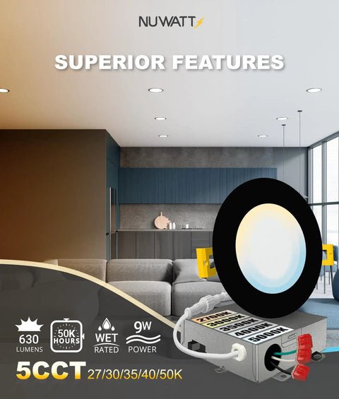 Modern living room with 6 Pack 4 Inch Ultra Thin Black LED Recessed Lights With 5 Color Temperatures 2700K 3000K 3500K 4000K 5000K, 630LM, 9W, IC Rated Dimmable Canless Wafer Pot Lights With Metal J Box Damp Rated.