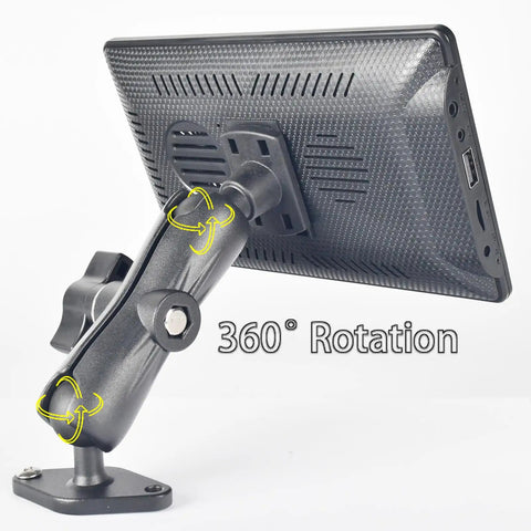 Close-up of CarPlay Screen And Backup Monitor Mount With Aluminum Adjustable Arm, showing 360 degree rotation and AMPS base