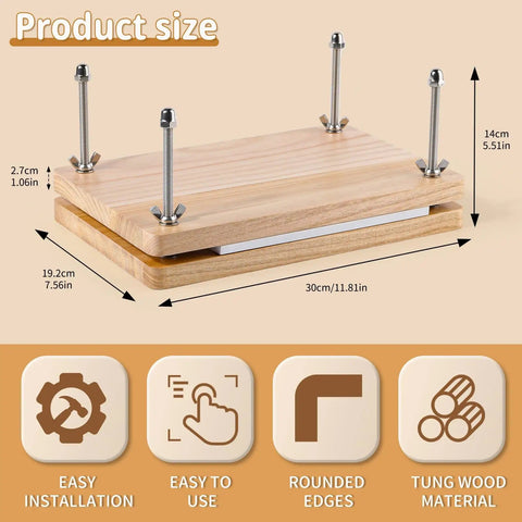 All In One Book Binding Kit With Press And Wooden Binding Press showing dimensions and tung wood material
