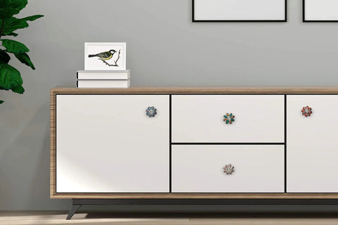 White cabinet with Handmade Flower Ceramic Knob Set of 10 with Colorful Multi Design Cabinet Knobs for Doors Drawers Cabinets Ideal for Home Kitchen Office Includes Wrench Screws Caps and Bolts.