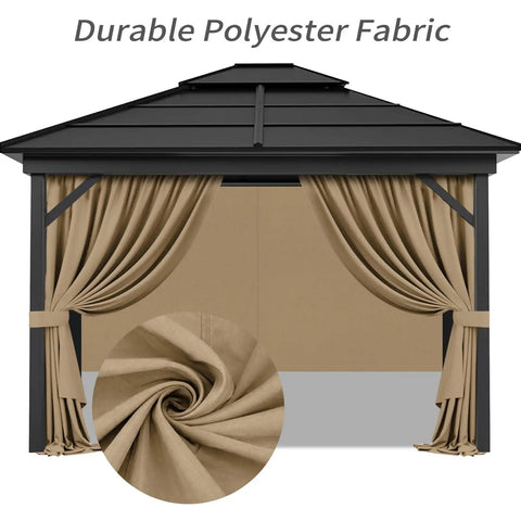 Privacy Curtain Set With Zipper For Outdoor Pavilions Four Panel Side Walls Replacement For Patio Canopy Waterproof UV Resistant Polyester Windproof Rain Shield Khaki 10x12, shown installed on a gazebo with fabric close-up.