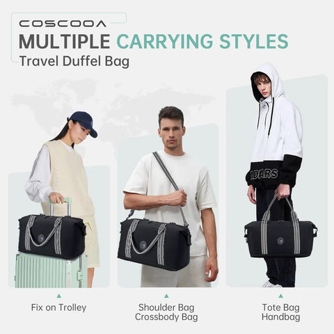 Airline Approved Personal Item Bag, Expandable 20-30L Weekender Duffel carried 3 ways: on trolley, crossbody, and tote bag style
