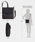 Dimensions of Anti-Theft Classic Mini Shoulder Bag With 5-Point Security System shown on silhouette, 8.5" x 8.5" x 2.25".
