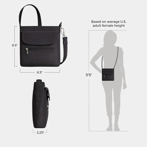 Dimensions of Anti-Theft Classic Mini Shoulder Bag With 5-Point Security System shown on silhouette, 8.5" x 8.5" x 2.25".