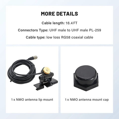 NMO Antenna Lip Hatchback Mount Bracket With Through Hole Fixed Cap for Vehicle Ham Radio, with UHF PL259 male connector.