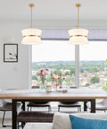Slick Modern Pendant Chandelier With Off White Fabric Shade And Brass Finish Adjustable Hanging Light Over Dining Table