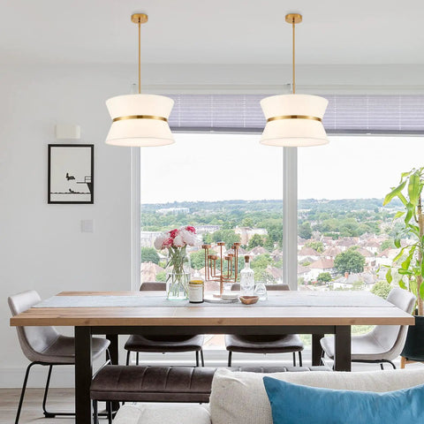 Slick Modern Pendant Chandelier With Off White Fabric Shade And Brass Finish Adjustable Hanging Light Over Dining Table