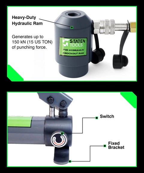 Hydraulic Knockout Punch Set 1/2 To 4 Inch, 15-Ton Capacity showing heavy-duty hydraulic ram and switch close-up