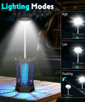 Outdoor And Indoor 3 In 1 4500V Mosquito Killer With Camping Light shown on a wooden table with lighting modes displayed.