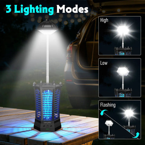 Outdoor And Indoor 3 In 1 4500V Mosquito Killer With Camping Light shown on a wooden table with lighting modes displayed.