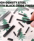 405 Piece Roll Pin Set With 27 Sizes Slotted Spring Pins For Dowel Tension And Expansion Black Steel Pins shown on fabric.