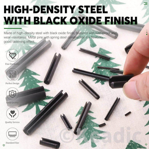405 Piece Roll Pin Set With 27 Sizes Slotted Spring Pins For Dowel Tension And Expansion Black Steel Pins shown on fabric.