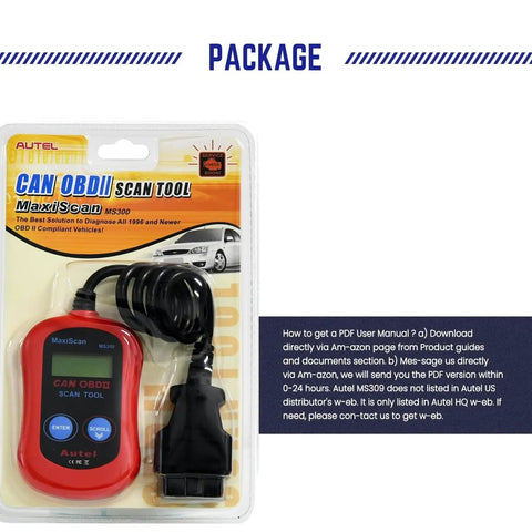 Package of MS300 OBD2 Scanner Code Reader For Cars And Trucks, Plug And Play CAN Diagnostic Tool, shown boxed with cable.